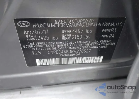2011 Hyundai Sonata Se 2.0T from USA, damaged, VIN 5NPEC4AB3BH278627